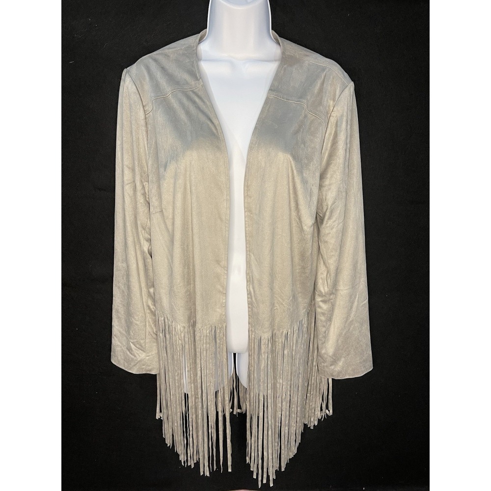 Chicos 2 Faux Suede Fringed Jacket Gray Boho Hippie  Quiet Luxury Western Festiv - Picture 9 of 9